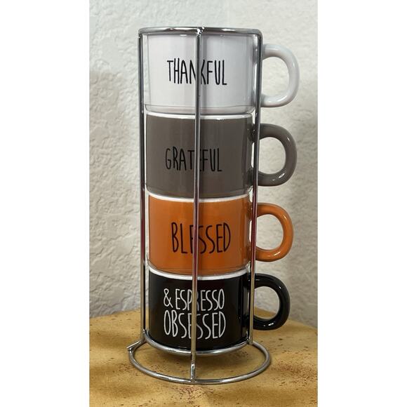 ESPRESSO cup‎ Set of 4 Include Metal Rack Thankful GRATEFU Blessed OBSESSED Cups - Picture 1 of 12